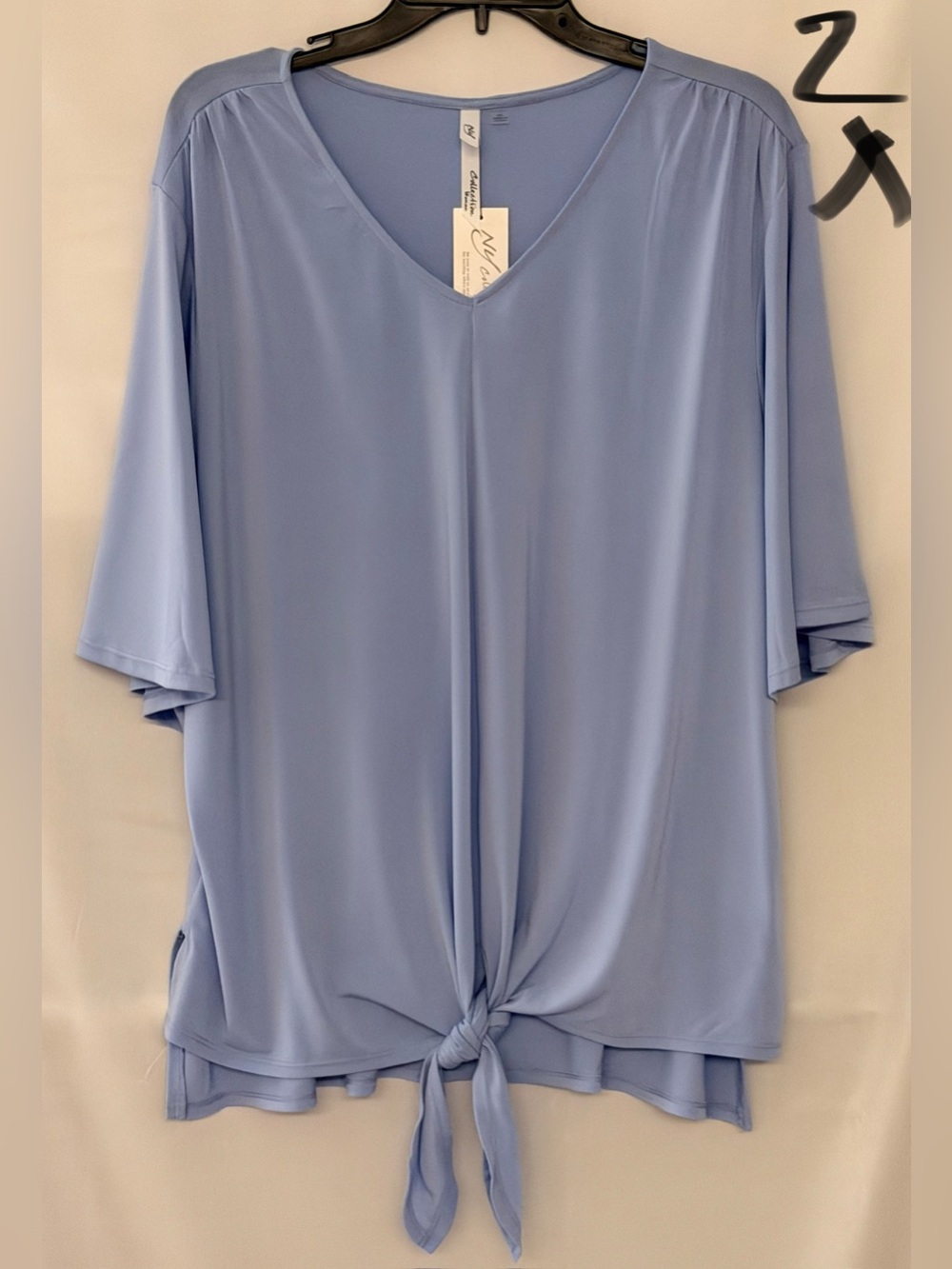 NY Collection Sky Blue V-Neck Tie-Front Tunic